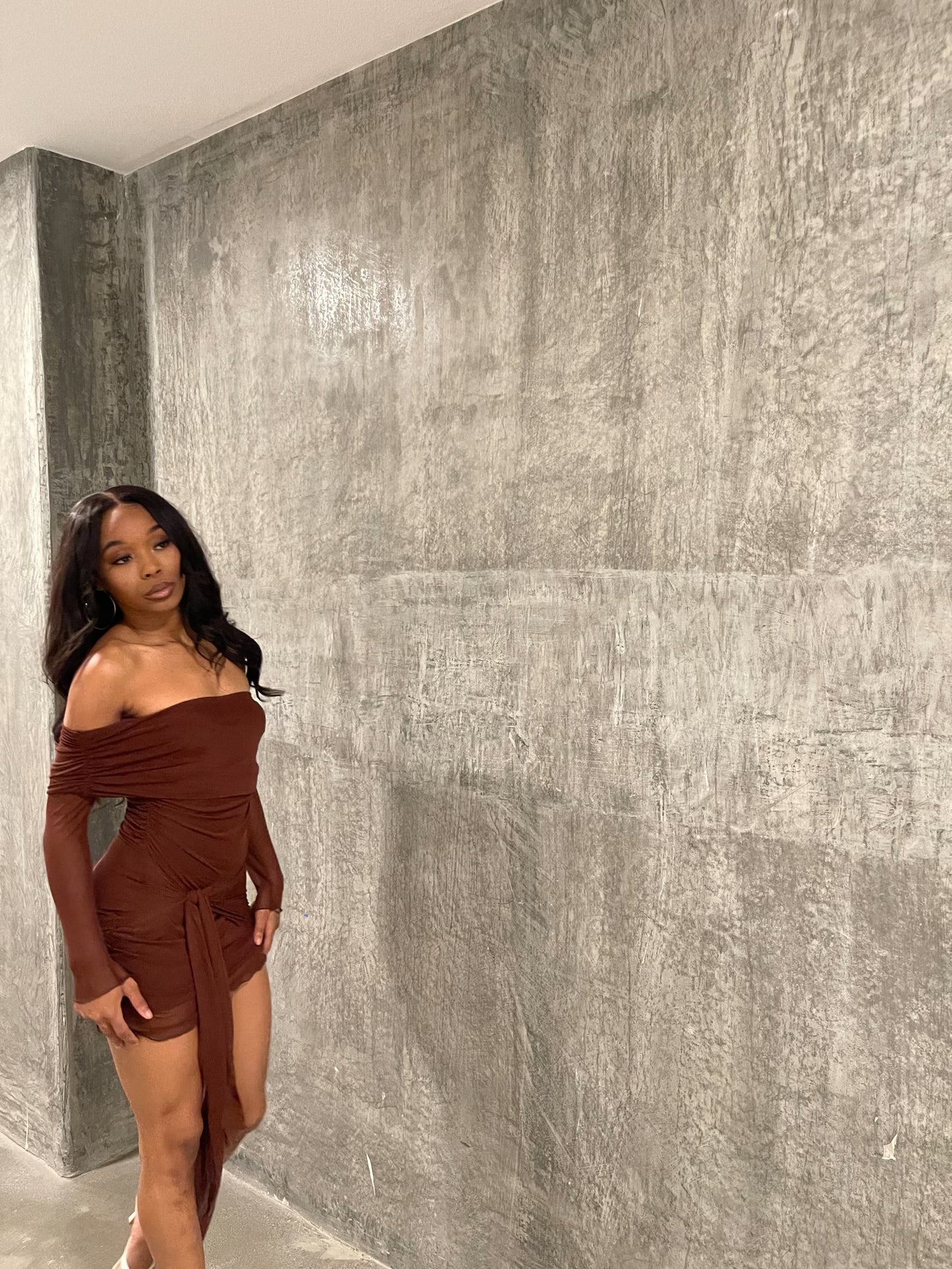 Chocolate Off the Shoulder Mini Dress - Miss Londyn