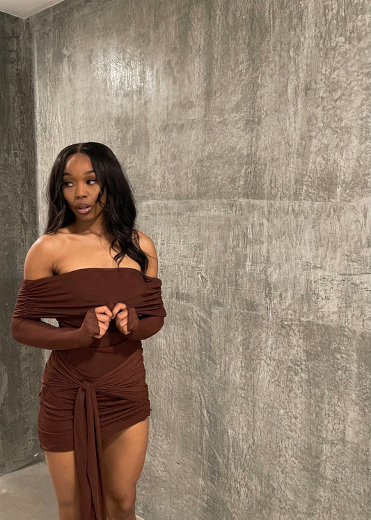 Chocolate Off the Shoulder Mini Dress - Miss Londyn